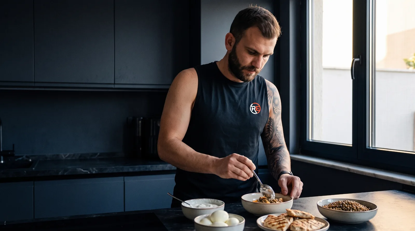 Ruhi Eriş mutfakta yoğurt, yumurta, tavuk ve mercimekle protein ağırlıklı bir öğün hazırlıyor